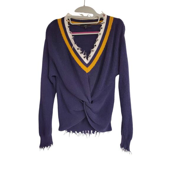 Women's Fate Navy V-Neck Knotted Cotton Sweater w/ Frayed Trim | Size Small - Picture 1 of 7
